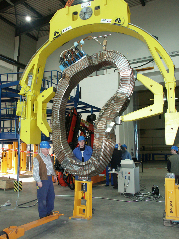 The Wendelstein 7-X consists of 50 stellarator magnet coils, one of which is seen here. The design of the coils help scientists fine-tune the magnetic field in the reactor to see how the plasma behaves.  Image courtesy of the Max-Planck-Institute for Particle Physics