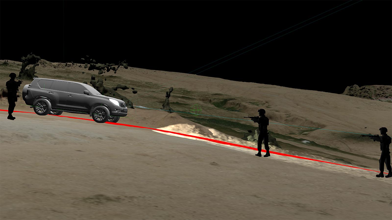 The autopsy of the driver revealed that he had been shot in the leg by the police officer on the far right of this image, which probably caused him to release the brake pedal. A model of the car’s trajectory under such a situation showed that this would have caused the car to accelerate downhill and cast doubt on the likelihood that the driver had accelerated deliberately. Image credit - Forensic Architecture