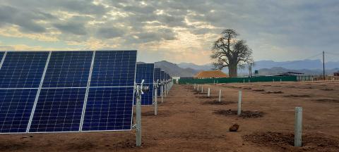 Solar panel in a field with baobab tree