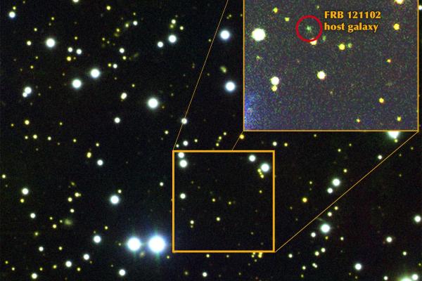 FRB 121102, a repeating burst, was discovered in 2015. This discovery enabled astronomers to figure out what galaxy the FRB came from and in turn locate hundreds more FRBs. Image credit - Gemini Observatory / AURA / NSF / NRC