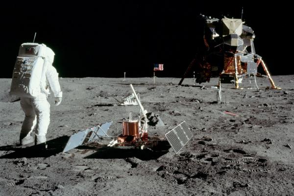The first seismometer on the moon, with solar panels and an antenna pointed at Earth, was placed there by Apollo 11 astronauts and tested by Buzz Aldrin stamping his foot. Image credit - NASA