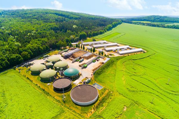 Aerial view over biogas plant and farm in Czechia. Energy from biomass will complement renewables as we transition to a greener energy system. © Kletr, Shutterstock